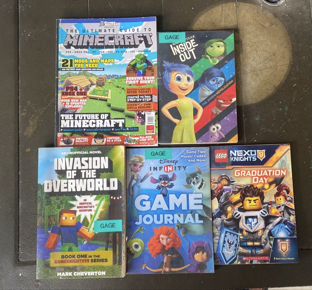 RANDOM PRE-LOVED BOOKS (CHECK DETAILS BELOW) (Category: Children's Books) located in Makati City. Submitted by zus_tht (Listing ID 1468577811, Image 1). Description: FEEL FREE TO OFFER - The Ultimate Guide to Minecraft - Inside Out - Invasion of the Overworld - Disney Infinity Game Journal - LEGO Nexo Knights Graduation Day Some books have minimal damage. All authentic. ₱800 take all DM for more details..