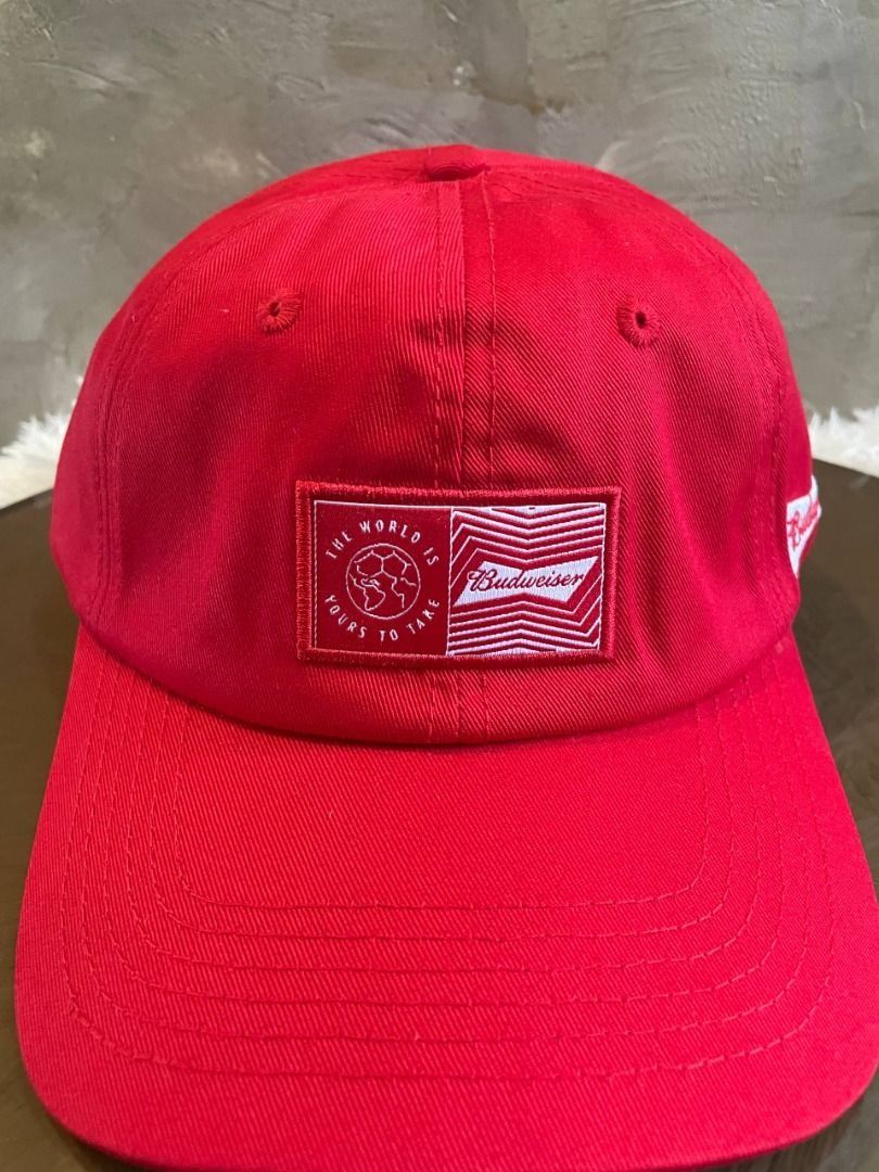 Red Authentic Budweiser Baseball Cap (Category: Caps & Hats) located in Cavite. Submitted by rojanemilpongos (Listing ID 1468621318, Image 1). Description: Classic red Authentic Budweiser cap with adjustable strap. Features iconic logo and 'The world is yours to take' text. Perfect for casual or streetwear style..