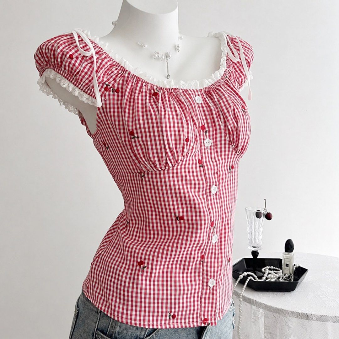 Red Gingham Ribbon Top (Category: Blouses) located in Manila. Submitted by amara.archives (Listing ID 1468635482, Image 2). Description: 🛍️ ITEM DETAILS Condition: Like New Size: Small - Medium 📋 SELLER INFORMATION Reason For Selling : Decluttering / No longer used Location: Project 6, Quezon City MOP: GCash / Bank Transfer 📌 ORDER POLICY • Actual photos of the item are posted. • Payment first before booking or shipment. • First to pay, first 