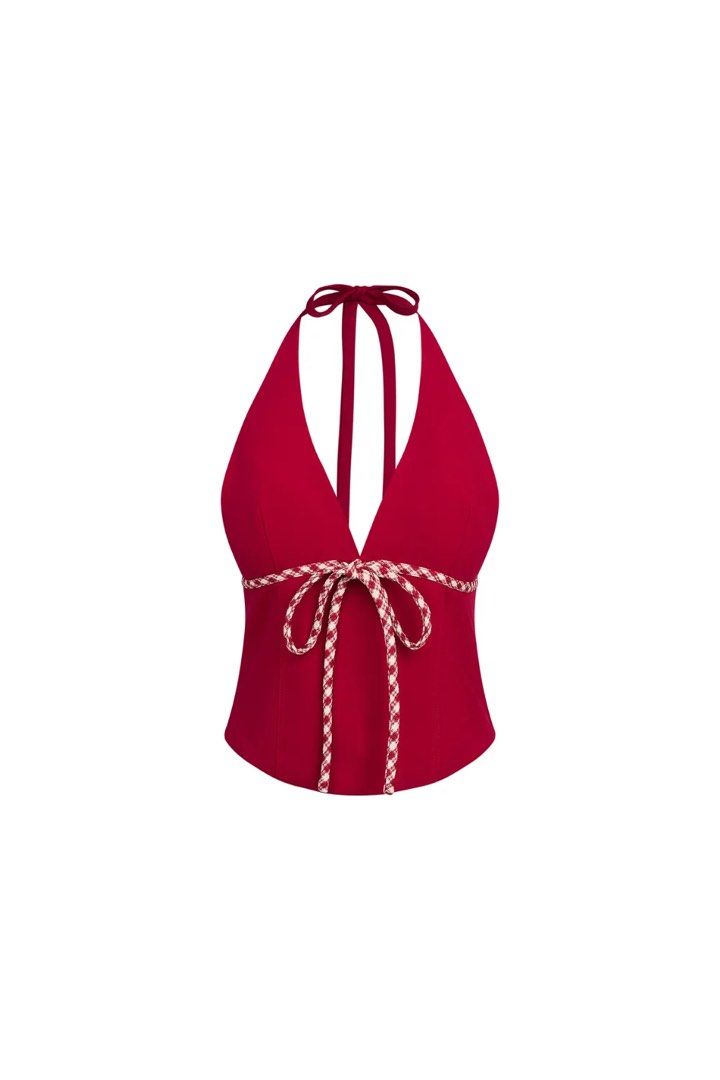 red halter top (Category: Sleeveless) located in Taguig. Submitted by shoppiaholic (Listing ID 1468539518, Image 1). Description: from vietnam! size large but sizing runs small best for but size 33-34.