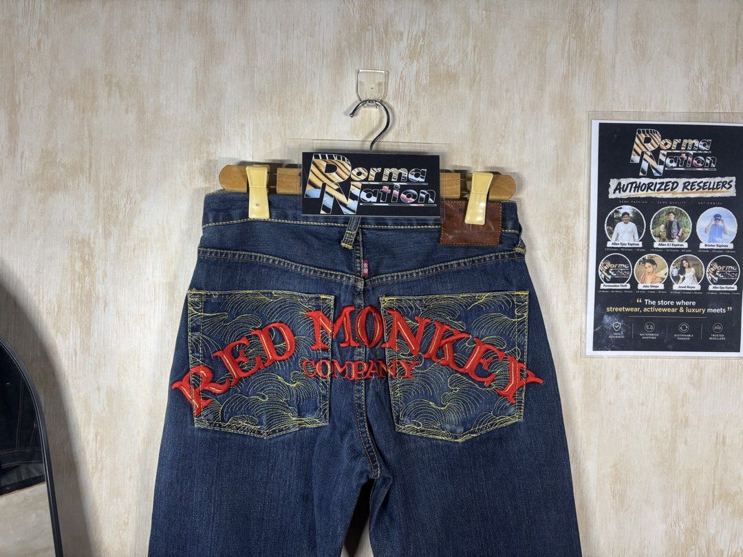 RED MONKEY COMPANY SELVEDGE DENIM (Category: Jeans) located in Cabuyao City. Submitted by pormanation-thrift-store (Listing ID 1468615747, Image 2). Description: RED MONKEY COMPANY SELVEDGE DENIM Condition: GOOD Color rate: 9/10 Dimes: 30”Wx42”L Issue: SIGN OF USAGES‼️ Price: 3500.