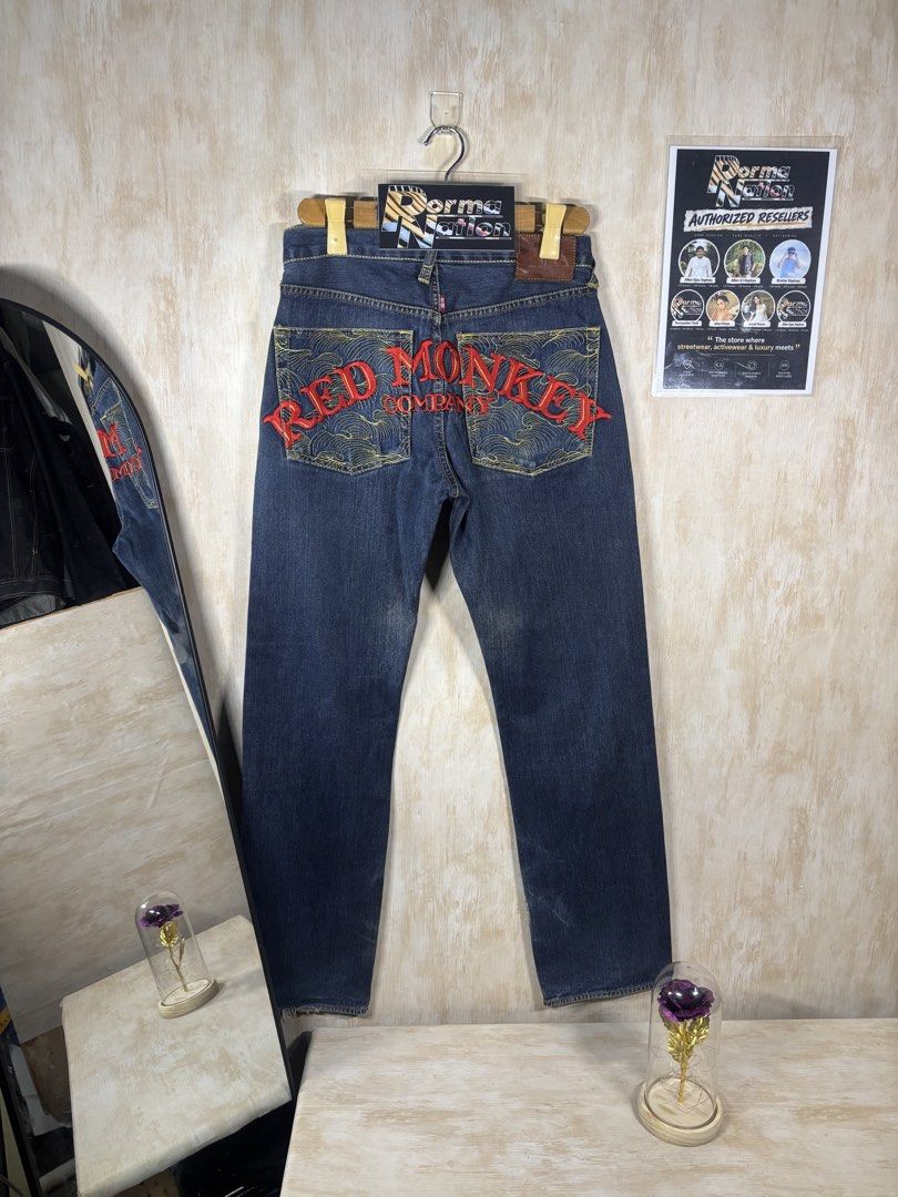 RED MONKEY COMPANY SELVEDGE DENIM (Category: Jeans) located in Cabuyao City. Submitted by pormanation-thrift-store (Listing ID 1468615747, Image 1). Description: RED MONKEY COMPANY SELVEDGE DENIM Condition: GOOD Color rate: 9/10 Dimes: 30”Wx42”L Issue: SIGN OF USAGES‼️ Price: 3500.