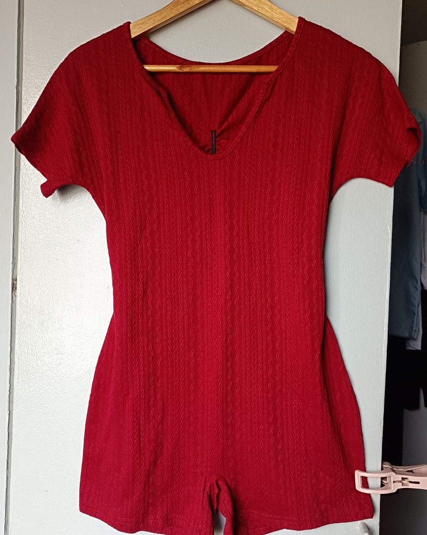 Red Textured Open Back Short Romper Size M (Category: Rompers) located in Manila. Submitted by its.me.jo (Listing ID 1468662896, Image 1). Description: Bright red short romper with a textured ribbed pattern throughout. Short sleeves and a scooped v-neckline on the front. Dramatic open back design with ruching details at top and bottom edges. Made from 95% polyester and 5% elastane. Size M (EU 38, US 6). Stretchy fabric, super comfy. Made in China