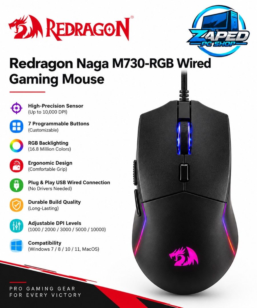 REDDRAGON NAGA M730-RGB (Category: Mouse & Mousepads) located in Manila. Submitted by zaped (Listing ID 1468703850, Image 1). Description: 🎮 **Redragon Naga M730-RGB Wired Gaming Mouse – Black** Level up your gaming experience with the **Redragon Naga M730-RGB Gaming Mouse!** Designed for gamers who demand precision, speed, and comfort, this gaming mouse is perfect for MOBA, MMO, and FPS games. 🔥 **Key Features:** * 🖱️ **12 Programmable Side B