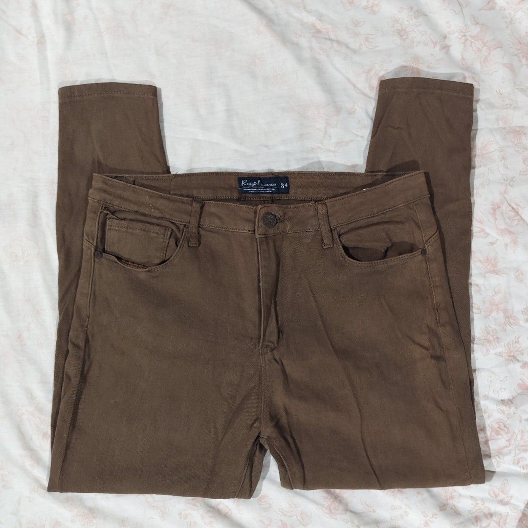 Redgirl choco brown stretch denim pants (Category: Jeans) located in Bulacan. Submitted by angel.decluttersx (Listing ID 1468638134, Image 1). Description: 34 waistline on tag L 35" W 16" hard denim fabric material no issue.