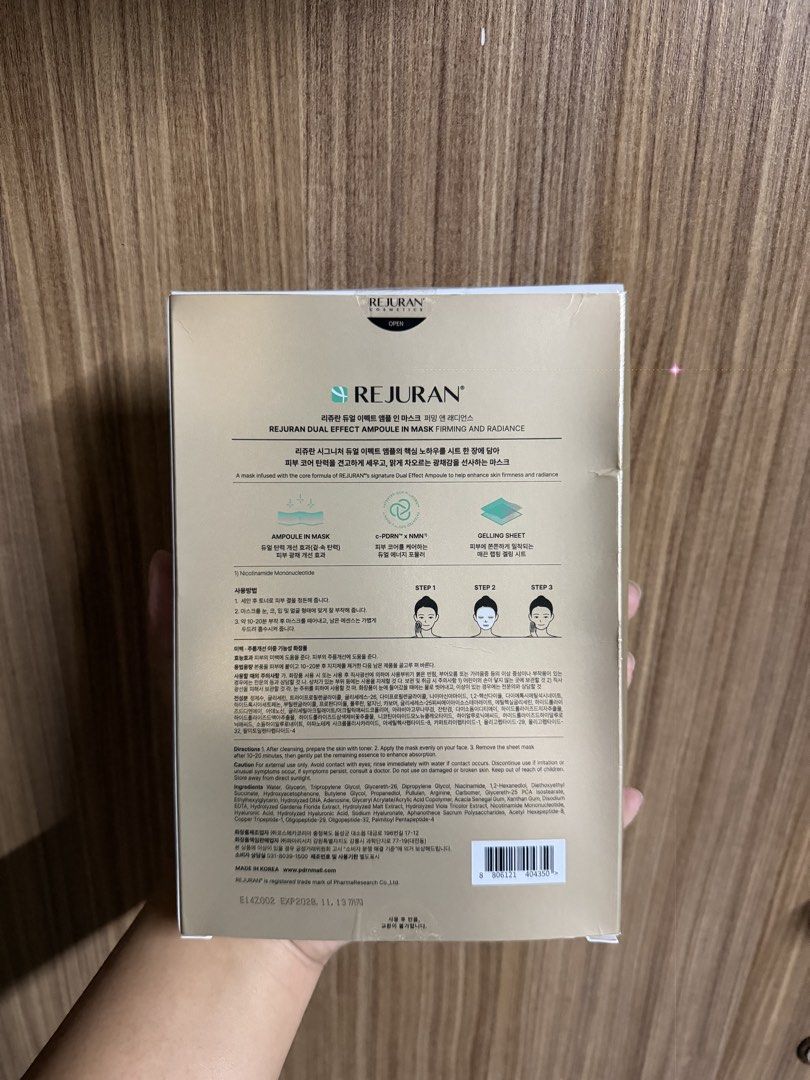 Rejuran Dual Effect Ampoule in Mask 5ea (Category: Face Care) located in Baguio. Submitted by rx.sss (Listing ID 1468690762, Image 2). Description: - Brand new, unopened box containing 5 facial sheet masks (30 ml / 1.01 fl. oz. each) - Made in Korea with authentic batch number and expiry date on the back - Formulated with patented c-PDRN, NMN, and powerful peptides - Delivers intense firming, anti-aging, and radiant skin benefits - Perfect for a 