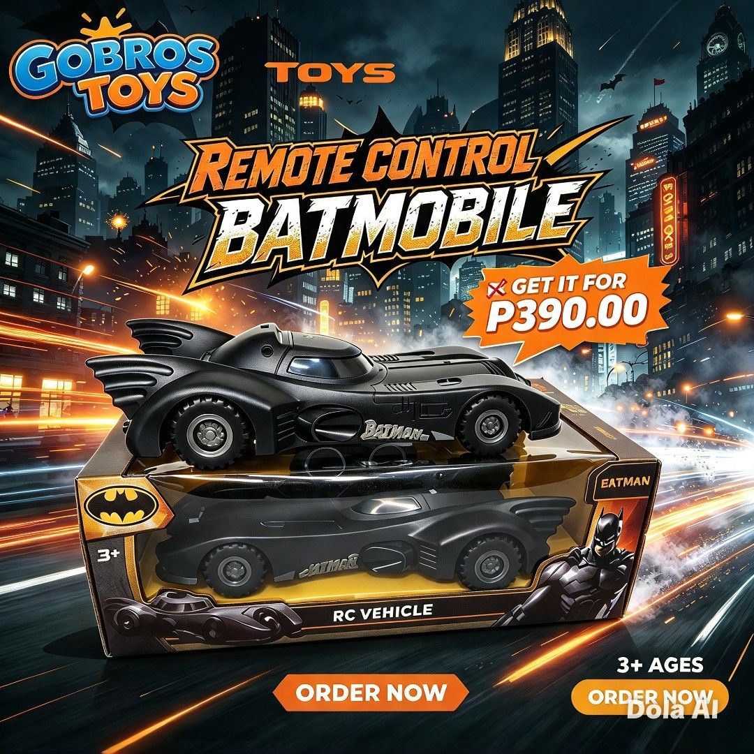 Remote Control Batmobile RC Vehicle Toy (Category: Remote Control Toys) located in Manila. Submitted by wlg233704398 (Listing ID 1468672015, Image 1). Description: - Brand: Gobros Toys - Item: Black Batmobile Remote Control Vehicle - Recommended Age: 3 years old and up - Condition: Brand new in box, ready for action - Design: Classic Batman movie styling with detailed body and wheels - Perfect gift for young superhero and Batman fans.