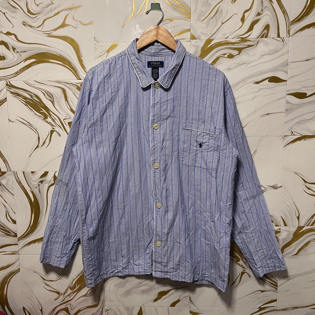 RL GOLD TAG (Category: Tshirts & Polo Shirts ) located in Binangonan. Submitted by nhogsmapula-24860 (Listing ID 1468584644, Image 1). Description: This is a long-sleeve, blue-and-white vertical striped cotton button-up sleepwear or lounge shirt by Polo Ralph Lauren featuring a chest pocket with an embroidered logo..