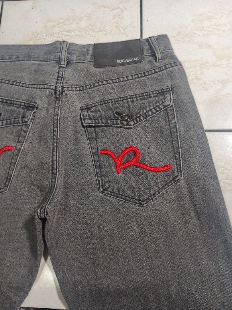 ROCAWEAR GREY WASH PANTS (Category: Jeans) located in Taguig. Submitted by wst.fnds (Listing ID 1468686978, Image 3). Description: ROCAWEAR GREY WASH GOOD CONDITION BAGGY / LOOSE RED EMBROIDERY NO ISSUE W:34 / L:40.5 / T:13 / LO:9 💸: 599 Keywords: Southpole, Fubu, Karl kani, Rocawear, Evisu, Rmc, Ed Hardy, Sean John, Ecko Unltd, Coogi, Girbaud, Avirex, Ralph Lauren.