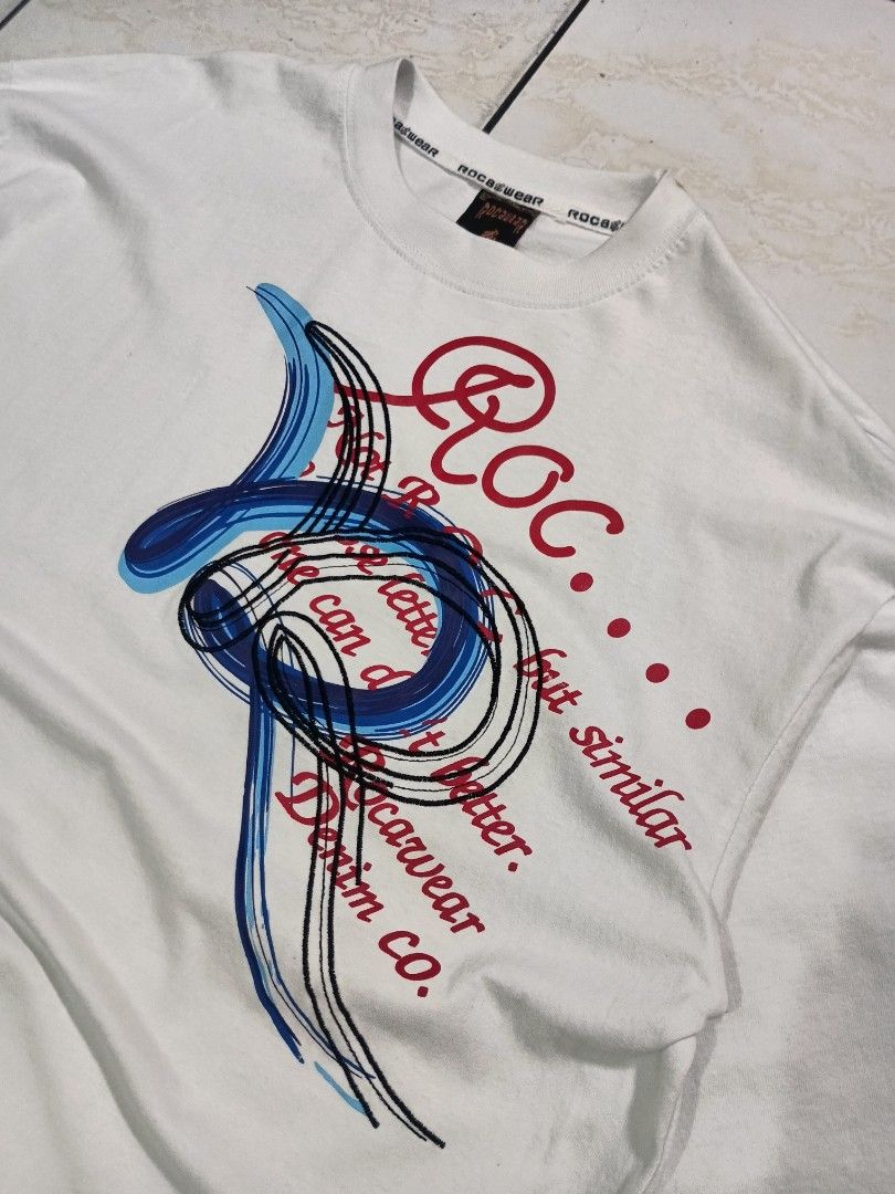 ROCAWEAR T-SHIRT (Category: Tshirts & Polo Shirts ) located in Taguig. Submitted by wst.fnds (Listing ID 1468685068, Image 3). Description: ROCAWEAR WHITE T-SHIRT GOOD CONDITION BIG EMBROID AND PRINTED DESIGN ISSUE MULTIPLE SMALL PINHOLE W:23.5 / L:31 💸: 199.