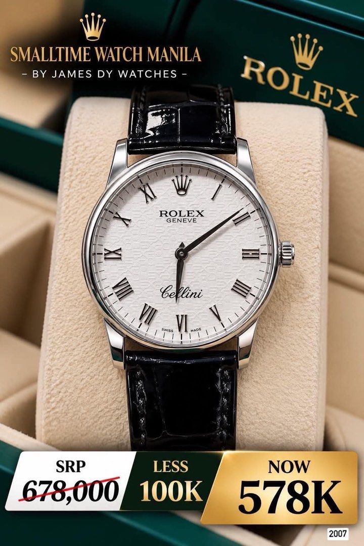 Rolex Cellini White Dial Black Leather Strap Watch (Category: Luxury Watches) located in Manila. Submitted by watchesbyjamesdy (Listing ID 1468505797, Image 1). Description: - Brand/Model: Rolex Cellini Classic Dress Watch - Movement: Manual wind mechanism - Dial: Textured white dial with elegant Roman numerals - Case: Polished steel case with a clean, scratch-free crystal - Strap: Pristine black leather band - Inclusions: Comes with original gre
