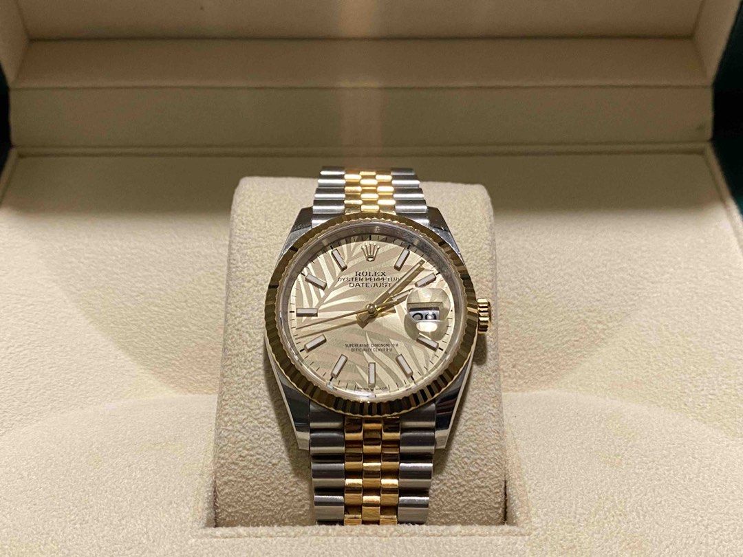 Rolex Datejust 36 "Palm motif" (Category: Luxury Watches) located in Davao. Submitted by cartrb (Listing ID 1468610913, Image 1). Description: - Complete set except hangtag - at least 9/10 - Foreign AD / 2023 - Open to trades and authentication - 835k PM for inquiries. Many thanks! .