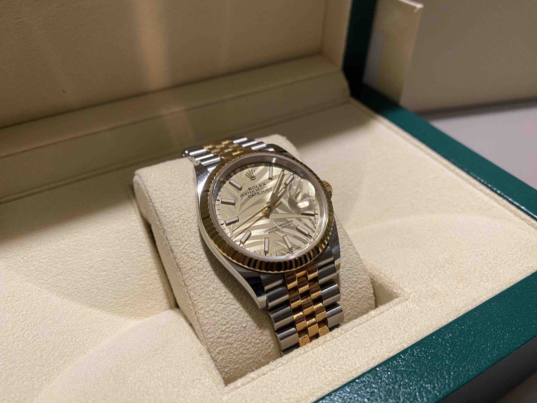 Rolex Datejust 36 "Palm motif" (Category: Luxury Watches) located in Davao. Submitted by cartrb (Listing ID 1468610913, Image 2). Description: - Complete set except hangtag - at least 9/10 - Foreign AD / 2023 - Open to trades and authentication - 835k PM for inquiries. Many thanks! .