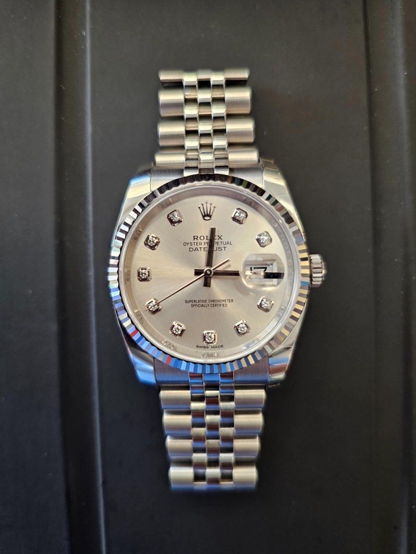 Rolex DateJust 36mm (Category: Luxury Watches) located in Bulacan. Submitted by rich3lle (Listing ID 1468679418, Image 1). Description: Rolex Datejust 36mm Diamond Index White Gold Fluted Bezel Continuous Jubilee Links Last batch 700k asking (nego for sure buyer only) Year 2019 Complete Unused.