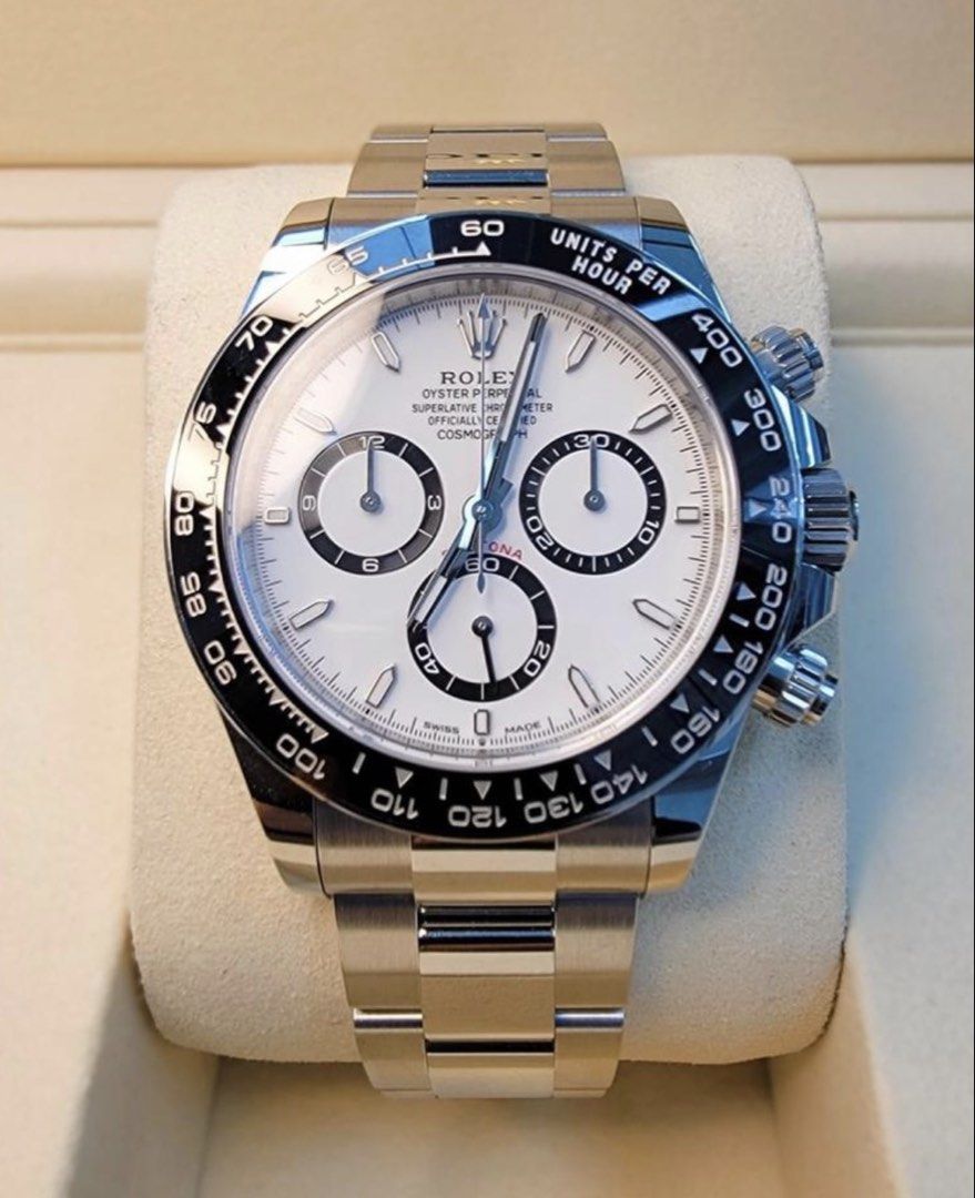 Rolex Daytona Panda 126500LN White (Category: Watches) located in Singapore. Submitted by triple999 (Listing ID 1468665954, Image 1). Description: * Authentic Rolex Daytona Watch * White Dial * Full Stainless Steel Bracelet * Original Green Box * International Guarantee Card * Still under warranty * Watch date: 01/2025 * Bought brand new via a reputable dealer * Originally from The Hour Glass * Original receipt from a renowned dealer and Hour Gla