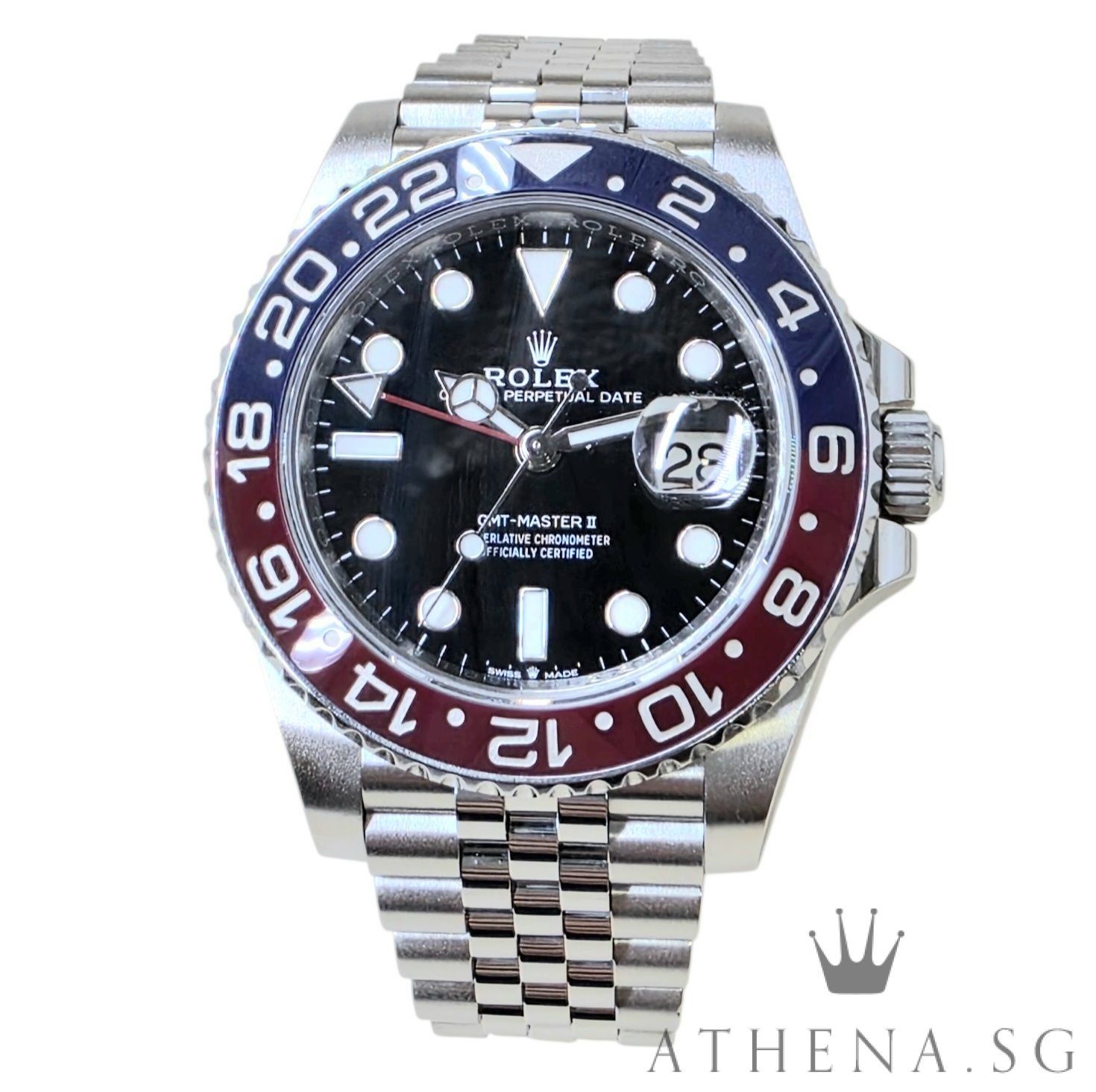 ROLEX OYSTER PERPETUAL DATE GMT MASTER II CERAMIC 40MM “PEPSI” “AN” SERIES WITH BOX & CERT DATED 03/2019 126710BLRO (Category: Watches) located in Singapore. Submitted by athenawatches (Listing ID 1468566126, Image 1). Description: JGWRL_3508 Brand Rolex Model 126710BLRO Series Alpha Numeric Colour of Dial Black Dial with Luminescent Index Markers Bezel Bidirectional Rotatable 24-hour Graduated Bezel with Red and Blue Cerachrom Insert in Ceramic,