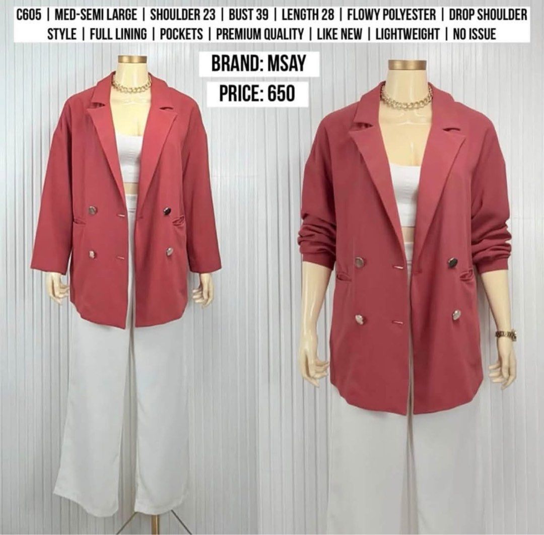 ROSE PINK BLAZER | MED-SEMI LARGE (Category: Coats, Jackets and Outerwear) located in Manila. Submitted by superizza (Listing ID 1468706431, Image 1). Description: 🌻Location: Paco, Manila. No physical store 🌻Mannequin estimated height: 5’4 🌻Mqnnequin size: Small 🌻Mannequin waist: 23” 🌻Mannequin thigh circumference: 36” 🌻Items are already washed and front steamed, pwede na suotin if di ka maselan. 🌻All items are thrifted (from ukay bales) u