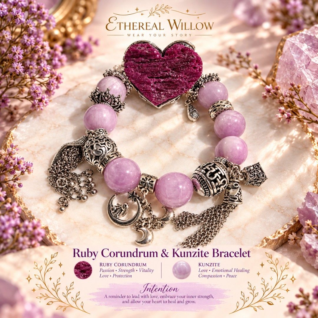 Ruby Corundum and Kunzite Bracelet (Category: Bracelets) located in Pasig City. Submitted by etherealwillow (Listing ID 1468530816, Image 1). Description: - Design: Ethereal Willow bracelet with a deep magenta ruby corundum heart centerpiece and soft pink kunzite beads - Accents: Detailed silver spacers, dangling charms, chains, and crescent moon pendants - Crystal Intentions: Passion, strength, vitality, love, protection, emotional healing, comp