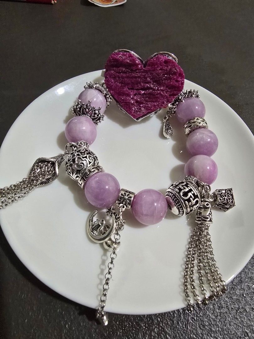 Ruby Corundum and Kunzite Bracelet (Category: Bracelets) located in Pasig City. Submitted by etherealwillow (Listing ID 1468530816, Image 2). Description: - Design: Ethereal Willow bracelet with a deep magenta ruby corundum heart centerpiece and soft pink kunzite beads - Accents: Detailed silver spacers, dangling charms, chains, and crescent moon pendants - Crystal Intentions: Passion, strength, vitality, love, protection, emotional healing, comp