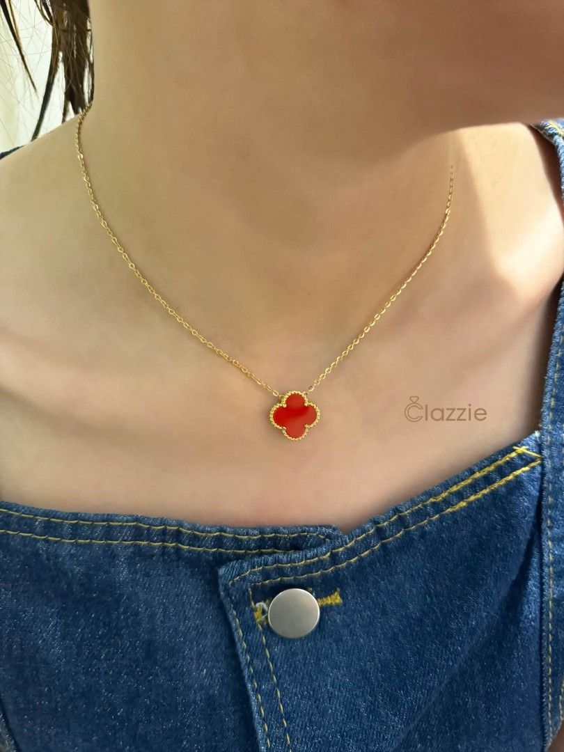 Ruby Red Clover Gold Stainless Necklace (Hypoallergenic & Non Tarnish ) (Category: Necklaces) located in Manila. Submitted by clazziejewelry (Listing ID 1468534897, Image 1). Description: Ruby Red Clover Gold Stainless Necklace (Hypoallergenic & Non Tarnish ) Ruby - ₱290 • Hypoallergenic • Non-Tarnish.
