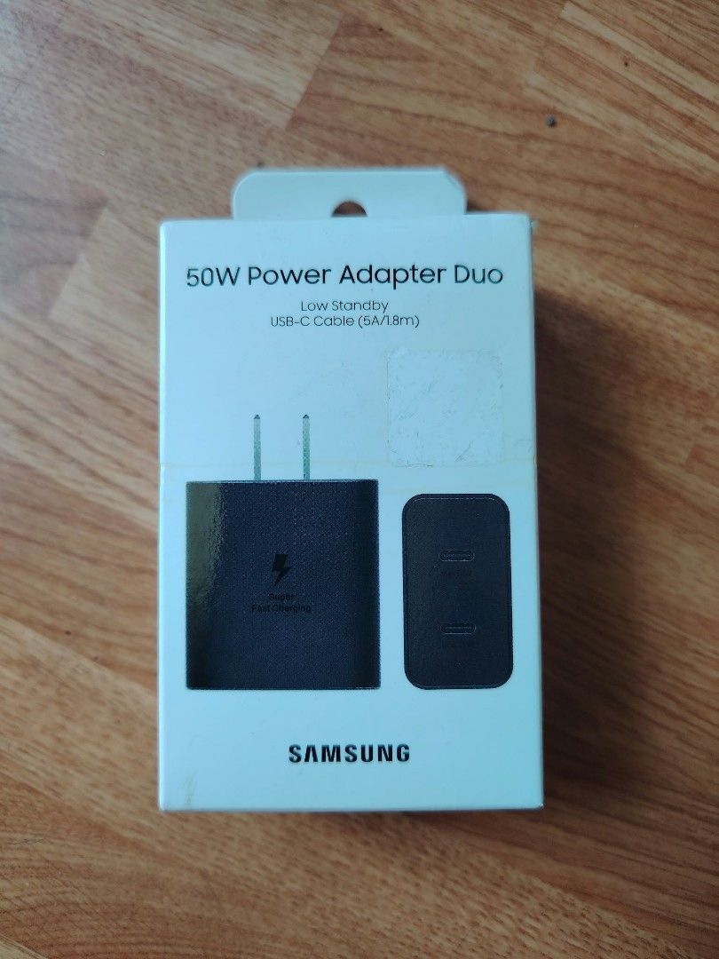 SAMSUNG 50W Power Adapter Duo (Category: Cables & Adaptors) located in Manila. Submitted by itsmekiahtaidgads (Listing ID 1468500379, Image 1). Description: * Super Fast Charging (SFC) 2.0 requires a USB Power Delivery (PD) 3.0 compatible device supporting Direct Charging. Devices lacking USB PD 3.0 standard or Direct Charging will charge slower than SFC speed. Charging speed varies based on usage patterns, conditions, connected devices, and othe