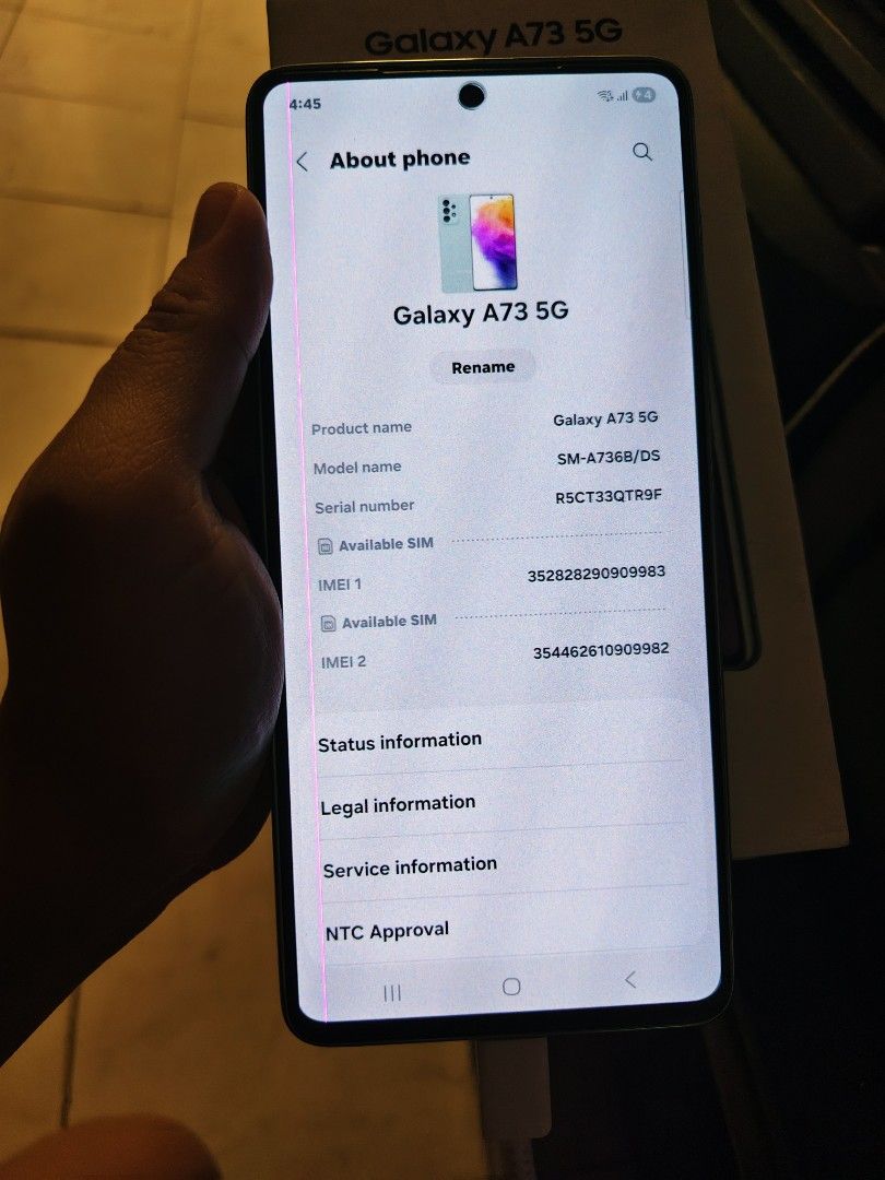 Samsung A73 (Category: Samsung) located in Manila. Submitted by yhinyhang (Listing ID 1468583747, Image 3). Description: 9990 down to 6990 dhl ngkaline s updte Almost bago pa condition Srp is 28k! Selling ko butal lng 6990 only Rush sale Original samsung a73 5g 8gbram 128gbrom Onscreen fingerprint 5g mobile data mabilis Ntc unit Dual sim Super linaw camera Tagal battery as in 5000mah New model Lahat panalo Original with box Manuals Sim ejector Ca
