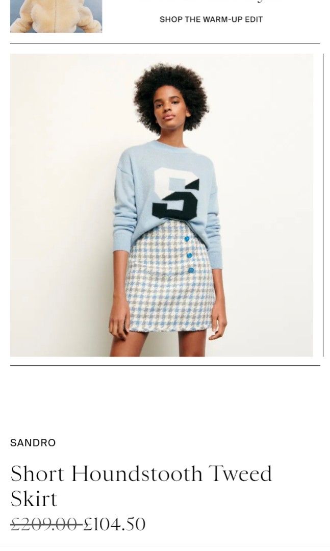SANDRO Short Houndstooth Tweed Skirt (Category: Skirts) located in Legazpi City. Submitted by jaycie.thrift23 (Listing ID 1468710338, Image 2). Description: SANDRO Short Houndstooth Tweed Skirt excellent to as new condition size 0 on tag fit 26 18L.