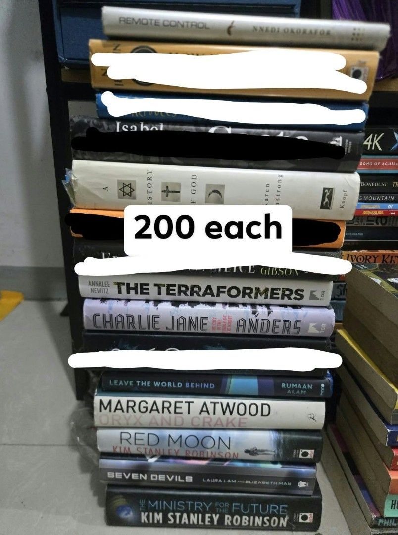 Sci-Fi and Fiction Paperback Book Collection (Category: Storybooks) located in Samal. Submitted by lancelot_98 (Listing ID 1467065072, Image 3). Description: Hello im decluttering my books Loc:pampanga Mop:gcash/gotyme qr code Mod:j&t 200 pesos HB Remote control A history of god The terraformers The city in the middle of the night Leave the world behind Oryx and crane Red moon Seven devils Ministry of the future 200 PB How to kill your family The