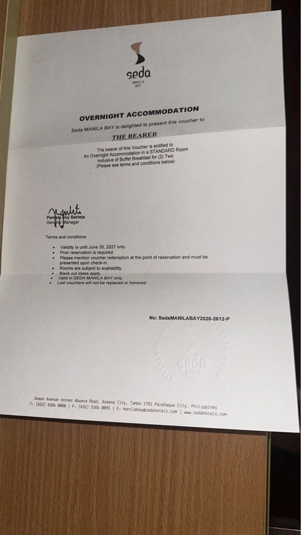 Seda Manila Bay Overnight Accommodation Voucher with Breakfast (Category: Vouchers) located in Quezon City. Submitted by chuunic (Listing ID 1468566468, Image 1). Description: - Staycation Deal: 1-night stay in a Standard Room at Seda Manila Bay - Inclusions: Buffet breakfast for 2 persons - Validity: Until June 30, 2027.