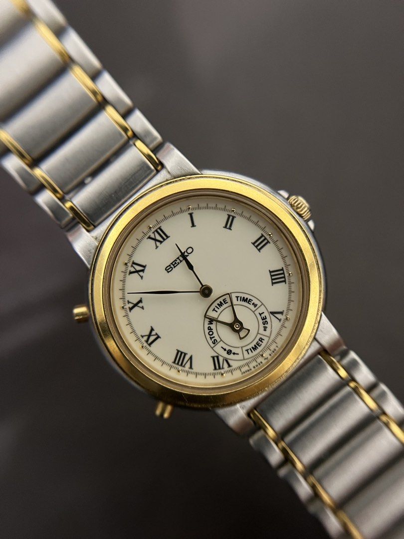 Seiko “Dancing Hands” Multi-Function Quartz – Ref. 8M25-6120 (Category: Men's Watches) located in Quezon City. Submitted by bobby.brown. (Listing ID 1468507355, Image 1). Description: Seiko “Dancing Hands” Multi-Function Quartz – Ref. 8M25-6120 Estimated BMBY: November 1989 A highly collectible multi-function timepiece from Seiko’s famous “Dancing Hands” series, featuring a round two-tone stainless steel case with a polished gold-tone bezel and d