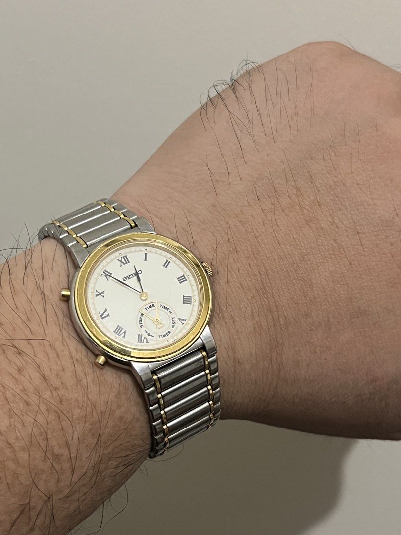 Seiko “Dancing Hands” Multi-Function Quartz – Ref. 8M25-6120 (Category: Men's Watches) located in Quezon City. Submitted by bobby.brown. (Listing ID 1468507355, Image 3). Description: Seiko “Dancing Hands” Multi-Function Quartz – Ref. 8M25-6120 Estimated BMBY: November 1989 A highly collectible multi-function timepiece from Seiko’s famous “Dancing Hands” series, featuring a round two-tone stainless steel case with a polished gold-tone bezel and d