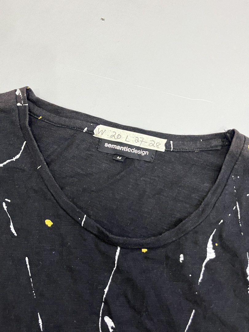 Semantic Design Paint Splatter Long Sleeve Tee (Category: Longsleeves) located in Mabalacat. Submitted by aas_thriftfings (Listing ID 1468571606, Image 2). Description: - Brand: Semantic Design - Size: M - Material: 100% Cotton - Design: Cool white and yellow paint splatter all over - Details: Crew neckline, layered look at the bottom hem with contrasting white trim - Style: Casual streetwear, perfect for everyday outfits - Condition: Excellent /