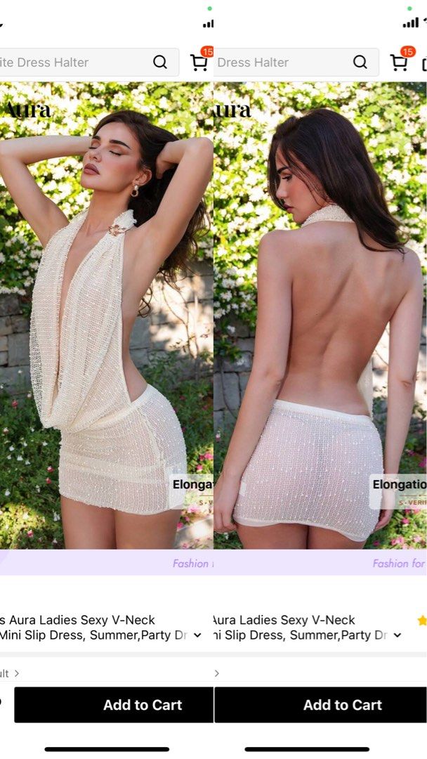 SHEIN Halter Dress (Category: Dresses) located in Quezon City. Submitted by julsssxx (Listing ID 1468688825, Image 1). Description: - Brand: SHEIN - Color: White - Style: Halter mini dress with slim fit - Details: Deep plunging V-neck, backless design, cowl drape - Fabric: Sparkly knit - Occasion: Perfect for summer parties and nights out.