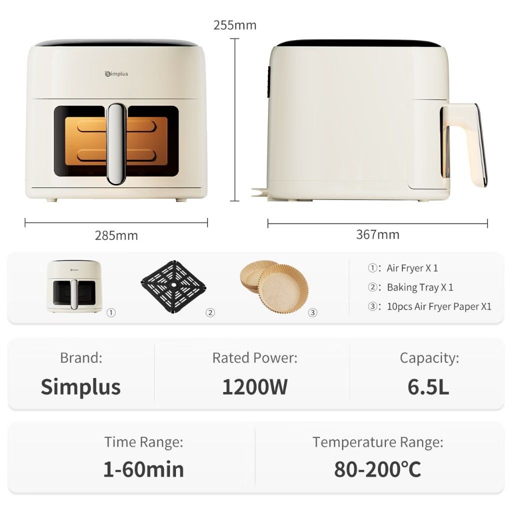 Simplus 6.5L Digital Air Fryer Cream (Category: Fryers) located in Pasay City. Submitted by xsamskie (Listing ID 1468549794, Image 2). Description: - Brand new Simplus Air Fryer in stylish cream color - Generous 6.5L capacity and 1200W power rating - Sensitive touch screen control with 10 convenient preset menus - Adjustable temperature (80-200°C) and timer (1-60 mins) - Safe auto power-off function when the basket is removed - Easy-to-clean non-