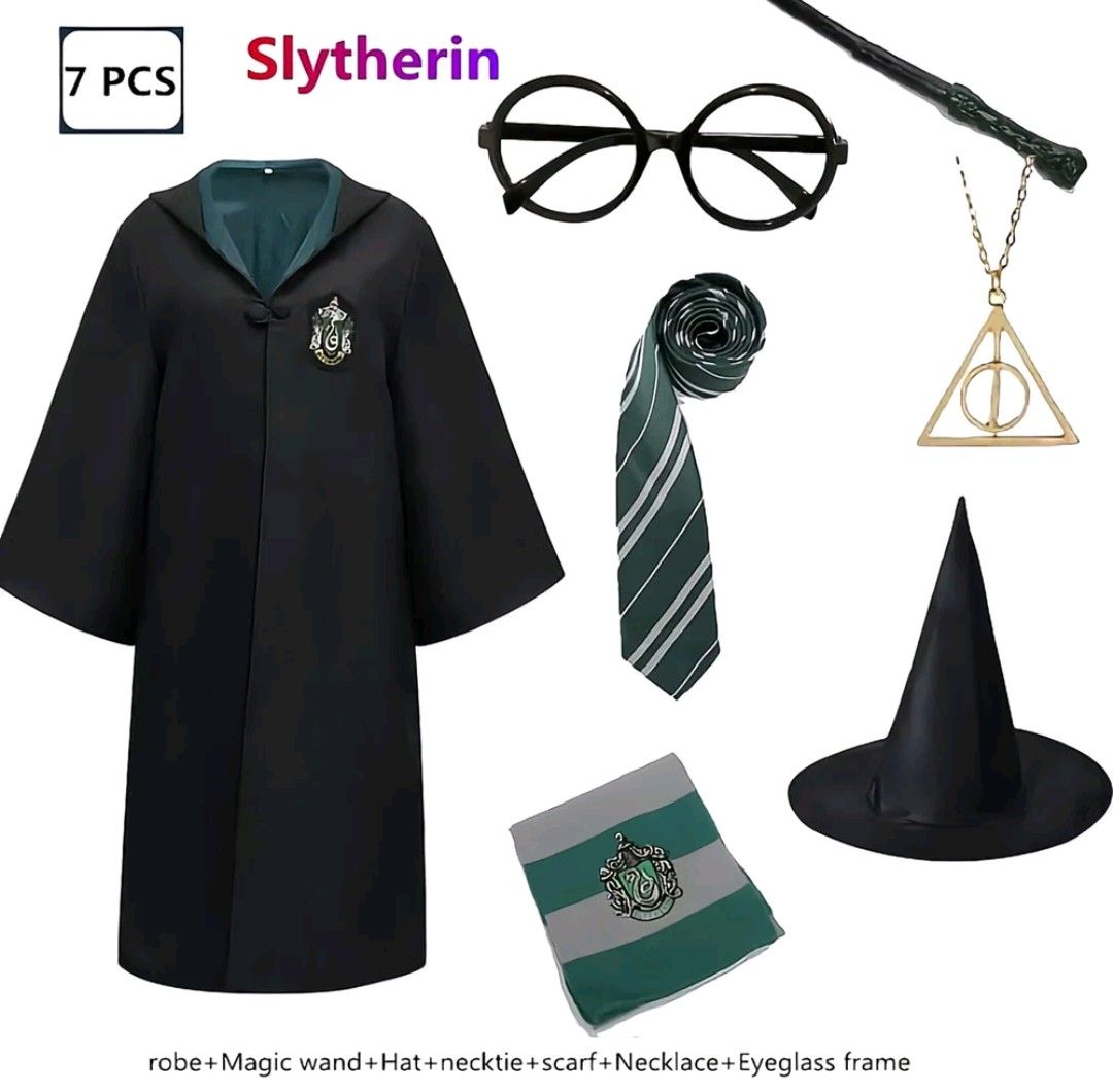 Slytherin Hogwarts Costume 7-Piece set (Category: Coats, Jackets and Outerwear) located in Quezon City. Submitted by kazuxxxx (Listing ID 1468615049, Image 1). Description: rfs: badly need money for school - 7pieces complete Slytherin costume set 1 Cloak 1 Scarf(170cm*17cm) (With badges) 1 Tie(With badges) 1 magic wand 1 Necklace 1 Glassed (without lens) 1 Hat - Ideal for Halloween, cosplay, and themed parties - bought it last week, used it once 
