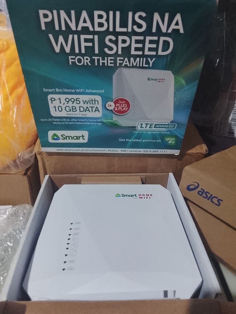 Smart Bro Home WiFi Advanced LTE Advanced (Category: Networking) located in Bulacan. Submitted by blithecamp40 (Listing ID 1468669873, Image 3). Description: - Item: Smart Bro Home WiFi Advanced with SIM CARD - Condition: Complete with original box, power adapter, and cables - Speed: LTE Advanced with carrier aggregation for fast and reliable family connection - Setup: Easy plug-and-play installation - Reason for selling: Extra unit, never used.