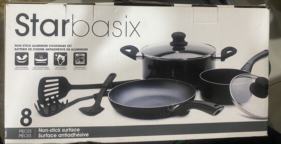 Starbasix Non-Stick Aluminum Cookware Set 8 Pieces (Category: Cookware & Accessories) located in Makati City. Submitted by ann.declutter (Listing ID 1468569534, Image 1). Description: - Brand: Starbasix - Set includes: 1.6 qt saucepan with lid, 4.8 qt saucepot with lid, 9.5-inch fry pan, turner, slotted spoon, and spaghetti server - Material: Non-stick aluminum in sleek black - Condition: Brand new, unopened in original box - Features: Dishwasher
