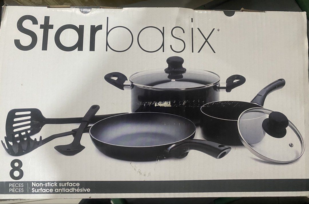 Starbasix Non-Stick Aluminum Cookware Set 8 Pieces (Category: Cookware & Accessories) located in Makati City. Submitted by ann.declutter (Listing ID 1468569534, Image 3). Description: - Brand: Starbasix - Set includes: 1.6 qt saucepan with lid, 4.8 qt saucepot with lid, 9.5-inch fry pan, turner, slotted spoon, and spaghetti server - Material: Non-stick aluminum in sleek black - Condition: Brand new, unopened in original box - Features: Dishwasher