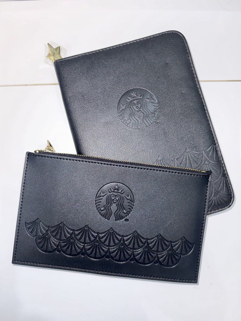 Starbucks Black Leather Planner and Pouch Set (Category: Stationery & School Supplies) located in Manila. Submitted by chi.declutter (Listing ID 1468519298, Image 1). Description: - Brand new authentic Starbucks organizer set in sleek black - Features embossed Siren logo and elegant scallop pattern detailing - Premium gold-tone hardware with star zipper pull still wrapped in plastic - Includes zippered binder folio with card slots and a convenien