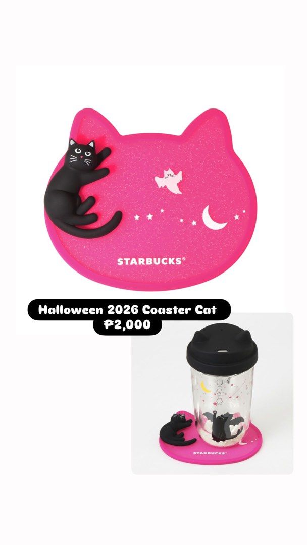 Starbucks Halloween Coaster Cat (Category: Character Goods) located in Valenzuela. Submitted by sel000 (Listing ID 1468610543, Image 1). Description: - Authentic Starbucks Halloween collection coaster - Vibrant pink silicone material with easy-to-clean surface - Features a cute raised black cat, ghost, moon, and star designs - Includes the classic white Starbucks logo near the bottom - Perfect addition to brighten up your desk setup.