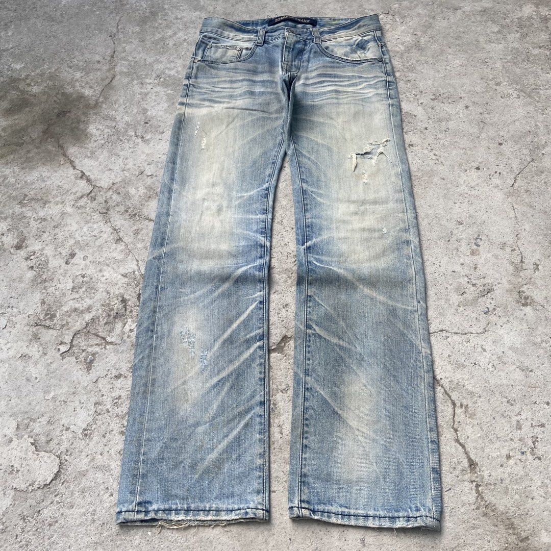 (STARNIK) Light Blue Distressed Denim Plain Washed Bootcut/Straight Pants (Category: Jeans) located in General Santos City (Dadiangas). Submitted by archive.grail (Listing ID 1468606789, Image 1). Description: waist/size: 32-34 (smaller waist? just wear a belt) thigh: 12 length: 42 hem: 8 - well used condition - issue: stains are not washable but it can add design, heelbites, frayed hem - heavy, hard and thick fabric - good for daily wear - very 