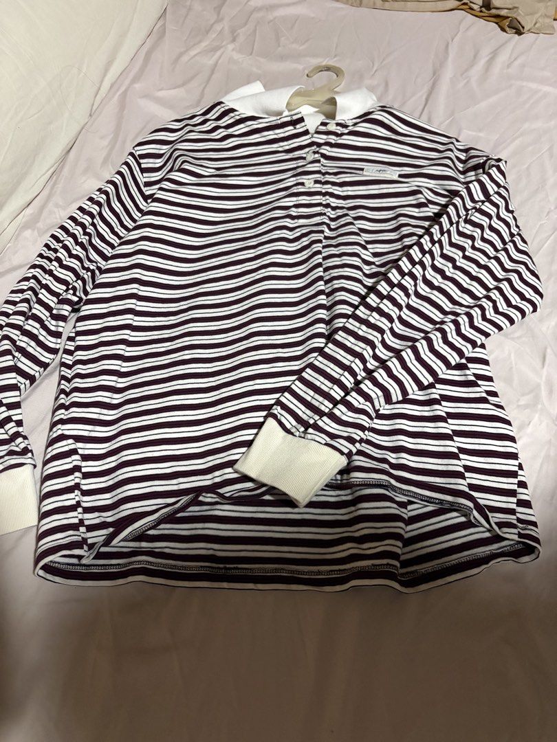 striped long sleeve polo shirt (Category: Longsleeves) located in Quezon City. Submitted by jinnysells (Listing ID 1468691797, Image 1). Description: - Design: Maroon and white horizontal stripes - Fit & Material: Relaxed fit made from soft, comfortable cotton - bought from SK.
