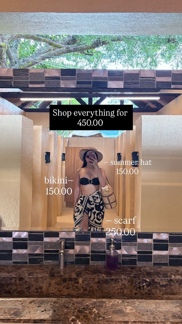 Summer Bikini Scarf Hat Bundle (Category: Bikinis & Swimsuits) located in Caloocan City. Submitted by styledbyjelein (Listing ID 1468520750, Image 1). Description: Complete Summer Outfit Set - ₱450.00 (Save more as a set!) - Bikini: ₱150.00 - Summer Hat: ₱150.00 - Scarf: ₱250.00 - Pickup Location: San Antonio Residence, Malugay St., San Antonio, Makati - Delivery Options: Lalamove or other couriers - Payment Method: Payment first via InstaPay.
