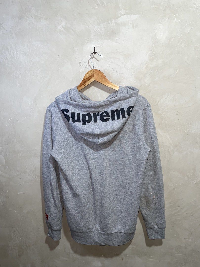 Supreme Grey Zip Up Hoodie with Box Logo (Category: Hoodies) located in Zamboanga. Submitted by guthens (Listing ID 1468539113, Image 2). Description: Condition- excellent Issue- bleach stain Color rate- 9.7/10 L- 27 W-20.