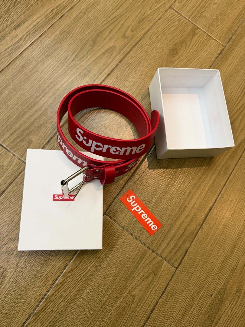 Supreme Red Repeat Leather Belt (Category: Belts) located in Manila. Submitted by sleamdaily222 (Listing ID 1468708060, Image 3). Description: - Brand: Supreme - Condition: Brand new / Unworn (stored properly in box) - Color: Red with white repeat logo lettering - Hardware: Silver-tone metal buckle - Inclusions: Original white box with red Supreme box logo and matching red hangtag - Perfect for streetwear enthusiasts and collectors!.