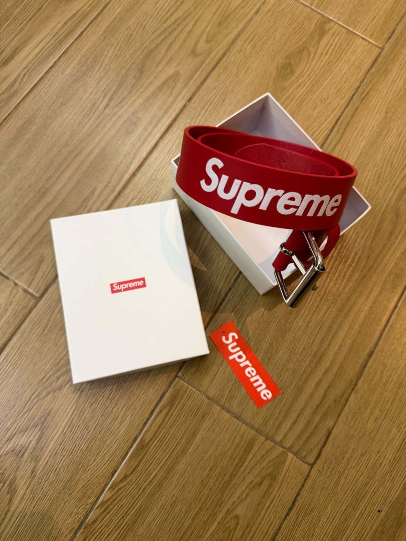 Supreme Red Repeat Leather Belt (Category: Belts) located in Manila. Submitted by sleamdaily222 (Listing ID 1468708060, Image 2). Description: - Brand: Supreme - Condition: Brand new / Unworn (stored properly in box) - Color: Red with white repeat logo lettering - Hardware: Silver-tone metal buckle - Inclusions: Original white box with red Supreme box logo and matching red hangtag - Perfect for streetwear enthusiasts and collectors!.