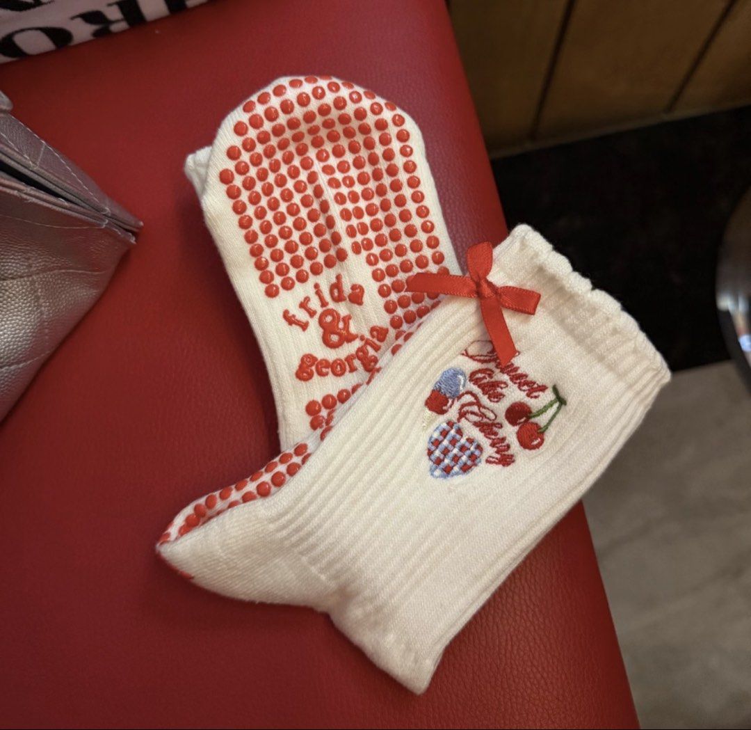 Sweet Like Cherry Embroidered Pilates Grip Socks (Category: Socks & Tights) located in Manila. Submitted by milktiea (Listing ID 1468528276, Image 2). Description: - Brand new, unopened packaging ready for gifting - Set of white crew socks with adorable embroidered designs (cherry, pills, checkered heart) - Features 'Sweet like cherry' text detail - Beautifully wrapped with a 'For you, with love' paper sleeve - Perfect present for friends, family