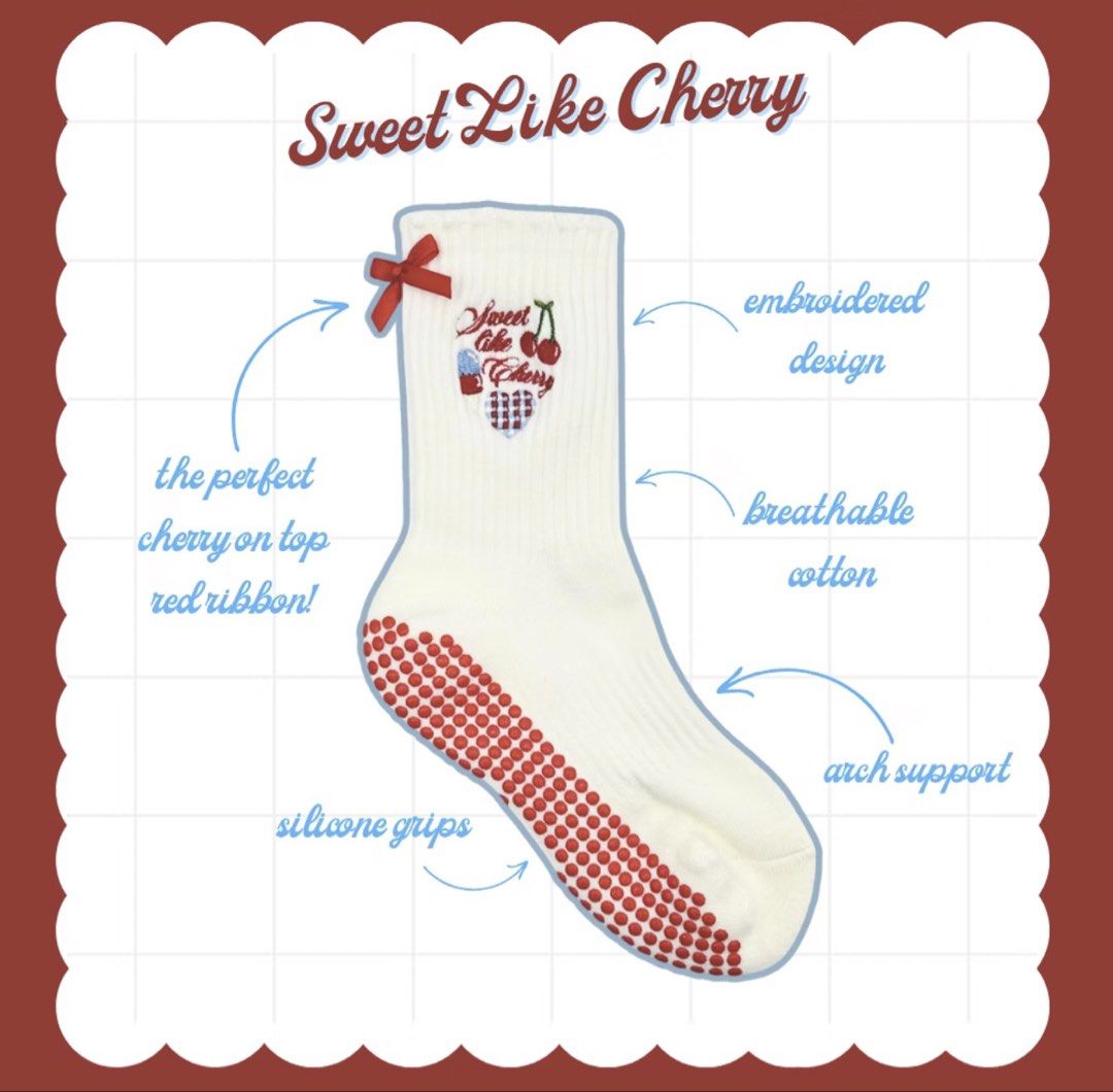 Sweet Like Cherry Embroidered Pilates Grip Socks (Category: Socks & Tights) located in Manila. Submitted by milktiea (Listing ID 1468528276, Image 1). Description: - Brand new, unopened packaging ready for gifting - Set of white crew socks with adorable embroidered designs (cherry, pills, checkered heart) - Features 'Sweet like cherry' text detail - Beautifully wrapped with a 'For you, with love' paper sleeve - Perfect present for friends, family
