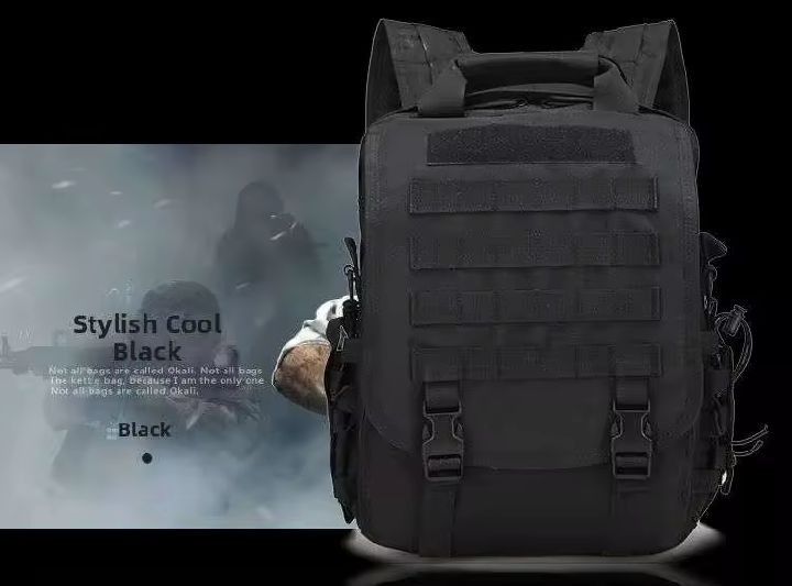 Tactical Military Backpack Black MOLLE Multipurpose (Category: Backpacks) located in Bulacan. Submitted by blithecamp40 (Listing ID 1468712422, Image 1). Description: - Color: Solid black - Storage: Multiple compartments, front zipper pouches, and dedicated laptop/tablet sleeve - Exterior: MOLLE webbing, dual buckle closure front flap, and sturdy top handle - Comfort: Durable straps with fully adjustable shoulder support - Condition: Brand new an