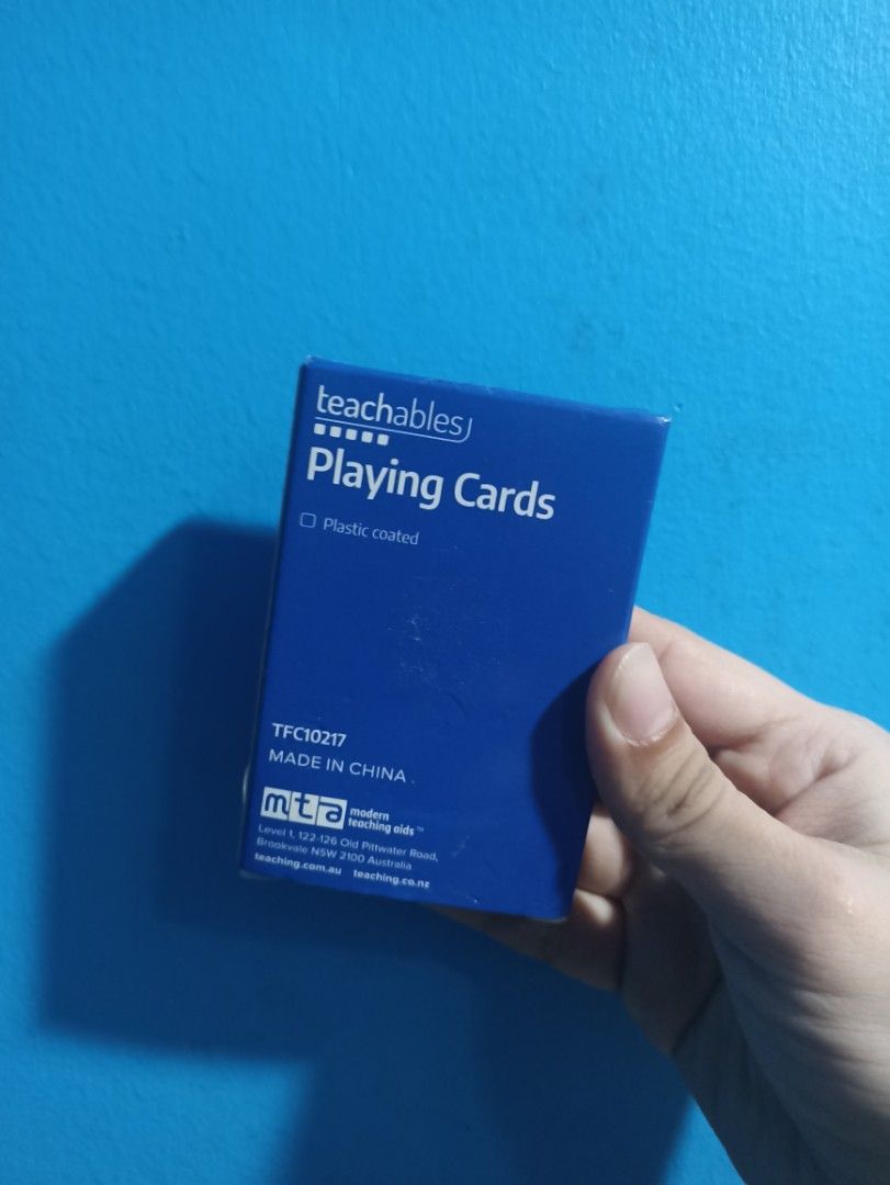 Teachables Playing Cards Plastic Coated TFC10217 (Category: Board Games & Puzzles) located in Manila. Submitted by hobbymo_koleksyon.ph (Listing ID 1468598198, Image 1). Description: - Brand new & unopened Deck of Teachables playing cards (Model TFC10217) - Plastic-coated finish for long-lasting durability during game nights or card tricks - Standard deck size for a comfortable grip and feel - Attractive blue box featuring a unique tree design ma
